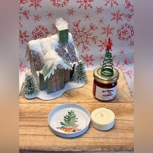 Festive Holiday Decor Lot with Jam, Candle and Snowy House